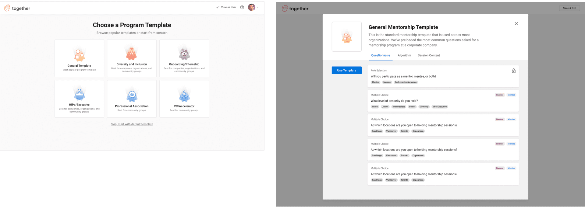 screenshot of choosing a program template